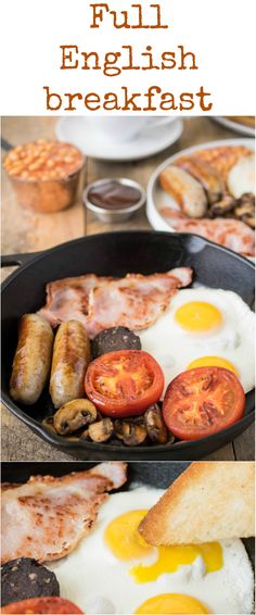 an iron skillet filled with eggs, sausages, tomatoes and other breakfast foods