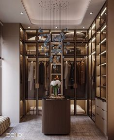 a walk - in closet with glass doors and chandelier hanging from the ceiling