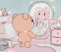 a brown teddy bear standing in front of a mirror