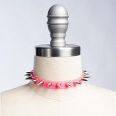 Apatico - Neon Spiked Choker Collar - Pink - Green - Pvc - Blacklight Punk Choker With Spikes, Gothic Spiked Choker For Festivals, Edgy Spiked Choker For Party, Punk Spikes Choker For Party, Punk Spiked Choker For Parties, Party Choker With Spikes, Adjustable Punk Choker With Spikes, Adjustable Alternative Style Party Choker, Emo Adjustable Choker For Parties