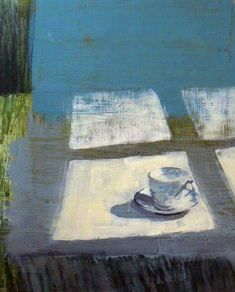 a painting of a cup and saucer on a table with water in the background