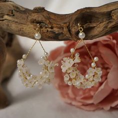 ❋ Handmade flower bridal earrings ❋ Flower earrings for occasions like wedding, christening etc. These beatiful flower earrings will add a unique touch to your wedding style. Wire can be made to three different colours, Gold, Rose Gold and Silver with matching posts. All flowers are individually made by hand and fixed on a Gold, Rose Gold or Silver colour wire. With a pair of 14K Gold, Rose Gold or Sterling Silver ear posts with 3mm ball. Size:    - approx 7 cm (2.75in) long from top of hook to Pearl White Flower Earrings For Pierced Ears, Flower Shaped Hoop Earrings For Wedding, Round Flower Earrings For Wedding, Pearl Flower Dangle Earrings For Pierced Ears, Elegant Flower Shaped Wedding Hoop Earrings, Elegant Flower-shaped Hoop Earrings For Wedding, Gold Flower-shaped Hoop Earrings For Wedding, Dangle Earrings With Flower Decoration For Party, Party Drop Earrings With Flower Decoration