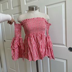 Smock Baby Doll Top With Off The Shoulder Sleeves New With Tags Cute Red Ruffled Top, Cute Gingham Long Sleeve Tops, Red Summer Tops For Picnic, Cute Red Tops For Vacation, Red Smocked Top For Summer Vacation, Fitted Smocked Cute Tops, Red Smocked Spring Vacation Top, Cute Ruffled Tops For Picnic, Cute Fitted Smock Tops