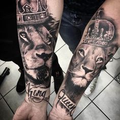 two people with tattoos on their hands and one has a lion, the other is a crown