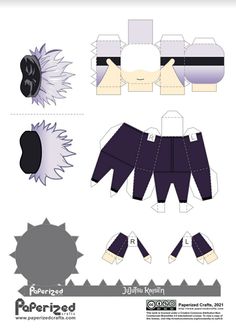 the paper toy is designed to look like an origami doll with purple pants and black