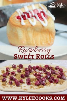 raspberry sweet rolls with white icing and strawberries on top are shown