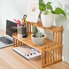 a laptop computer sitting on top of a wooden shelf next to a potted plant