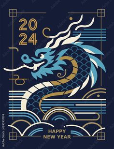 the chinese new year's card with a dragon in blue and gold on it