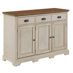 a white cabinet with two doors and three drawers on the bottom, in front of a white background