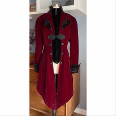 Devil Fashion Womens Jacket Coat Burgundy Velvet Gothic Steampunk Aristocrat Vampire Size: Us Xl Chest: 42” Length: 33”- 43.5” Front Zipper And Frog Closure 100% Polyester Gothic Stand Collar Outerwear For Costume Party, Gothic Outerwear With Stand Collar For Costume Party, Gothic Stand-collar Outerwear For Costume Party, Winter Formal Punk Outerwear, Punk Style Formal Winter Outerwear, Vampire Style Outerwear With Buttons For Costume Party, Vampire Style Outerwear For Costume Party, Fall Outerwear With Stand Collar For Costume Party, Steampunk Outerwear For Costume Party