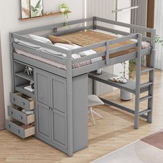 a loft bed with desk underneath it and drawers under the bed is made from grey wood