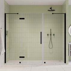 a bathroom with a walk in shower next to a white sink and two mirrors on the wall