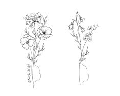 two flowers are shown in black and white, one is drawn with ink on paper