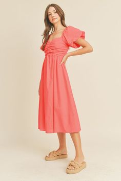 + Puff sleeve midi dress + Sweetheart neckline with ruched front + Short puff sleeves + Smocked elastic back + Lined + Model is 5' 9" 32-24.5-34.5 and wears a S Fabric Contents 100% COTTON Pink Knee-length Puff Sleeve Ruched Dress, Solid Ruched Midi Dress, Spring Puff Sleeve Dress With Sweetheart Neckline, Casual Midi Dress With Sweetheart Neckline For Brunch, Casual Puff Sleeve Dress With Sweetheart Neckline For Brunch, Fitted Puff Sleeve Midi Dress With Smocked Back, Feminine Ruched Smocked Midi Dress, Spring Puff Sleeve Dress With Ruched Bodice For Brunch, Brunch Midi Dress With Smocked Bodice And Sweetheart Neckline