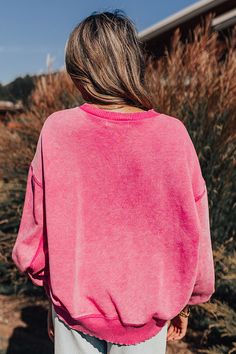 - This cozy cutie is calling your name!
 - Unlined soft mineral washed material as well as ribbed accent material
 - A crew cut neckline 
 - Long, loose sleeves with ribbed cuffs
 - A relaxed silhouette that ends in a ribbed hemline Oversized Soft-washed Pink Sweatshirt, Pink Relaxed Fit Crew Neck Sweater, Pink Crew Neck Sweater For Fall, Casual Washed Crew Neck Sweater, Casual Washed Crew Sweater, Pink Crew Neck Fall Sweater, Casual Distressed Crew Neck Sweater, Acid Wash Crew Neck Sweatshirt For Loungewear, Comfy Pink Crew Neck Sweatshirt