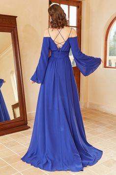 Fitted Chiffon Dress For Wedding Guest, Blue Chiffon V-neck Bridesmaid Dress, Elegant Flowy Chiffon Bridesmaid Dress, Chiffon V-neck Gown For Banquet, Elegant Flowy Mother Of The Bride Dress For Party, Chiffon Floor-length Evening Dress For Wedding Guest, Floor-length Chiffon Evening Dress For Wedding Guest, Spring Chiffon Bridesmaid Dress For Banquet, Flowy Floor-length Prom Evening Dress