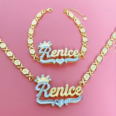 Personalized Two Tone Crown Heart Jewelry Set XOXO Chain Name Necklace And Bracelet Girly Bracelets, Heart Jewelry Set, Necklace And Bracelet Set, Jewelry Accessories Ideas, Girly Accessories, Jewelry Fashion Trends, Necklace And Bracelet, Custom Name Necklace, Women's Jewelry And Accessories