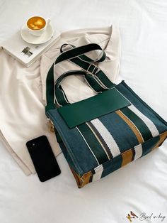 BirdinBag - Stylish Colorblock Tote Bag with Adjustable Strap - Spacious and Fashionable Casual Square Box Bag For Errands, Chic Green Canvas Bag, Trendy Rectangular Canvas Bag For Errands, Large Capacity Square Canvas Box Bag, Trendy Square Canvas Satchel, Trendy Green Rectangular Shoulder Bag, Casual Green Rectangular Bag, Casual Green Box Bag With Large Capacity, Chic Green Canvas Bag For Daily Use