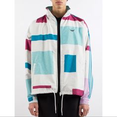 Brand New With Tags Adidas Originals Retro Style Windbreaker Jacket. Blocked Pattern With Large Colored Blocks Patterned Throughout. Very Light Weight And Fashionable! Men’s Large Bundle 2+ Items From My Closet & Save 11 White Patchwork Track Jacket For Fall, White Long Sleeve Windbreaker With Patchwork, White Long Sleeve Patchwork Windbreaker, Sporty White Outerwear With Patchwork, Casual White Track Jacket With Patchwork, White Patchwork Windbreaker For Streetwear, White Color Block Windbreaker For Streetwear, Spring Color Block Track Jacket For Streetwear, Sporty White Color Block Outerwear