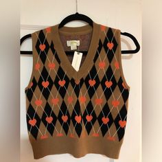 Nwt. Maeve By Anthropologie. Heart Argyle Sweater Vest. Women's Size Xs. Fitted Winter Top With Heart Print, Fitted Heart Print Tops For Fall, Fitted Heart Print Sweater For Fall, Argyle Sweater Vest, Argyle Sweater, Anthropologie Top, Sweater Vest, Anthropologie, Womens Sizes