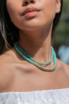 Everyone needs a Turquoise necklace in their collection. Choose from two sizes and multiple lengths to create your perfect fit. Featuring smooth turquoise beads and accents, it's the perfect addition to any outfit.  ✦ This is for one Necklace - Choose from two sizes and multiple lengths ✦ ✦ DETAILS ✦ ✧ Size 1: 6mm beads w/ gold filled accents. ✧ Size 2: 8mm beads w/ brass accents. ✦ MORE INFORMATION ✦ ✧ Name: Ka'ohu (kah O hoo) - the mist. ✧ Adjustable length. ✧ Blue Turquoise Gemstone. ✧ 14kt G Chunky Gold Necklaces, 8mm Beads, Magical Jewelry, The Mist, Brass Accents, Leaf Necklace, Gold Chain Necklace, Beach Jewelry, Turquoise Gemstone