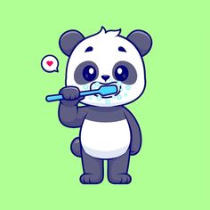 a cartoon panda bear brushing his teeth with an electric toothbrush in it's mouth