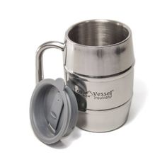 a stainless steel coffee mug next to a cup with the lid open on a white background