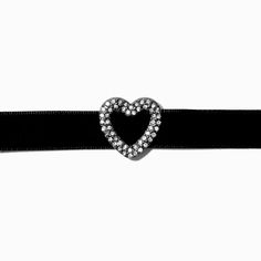 Claire's Silver-tone Crystal Heart Pendant Black Velvet Choker Necklace Trendy Adjustable Heart Necklace For Party, Adjustable Trendy Heart Necklace For Party, Trendy Black Heart Necklace For Party, Trendy Black Heart-shaped Choker, Trendy Black Heart Choker, Valentine's Day Heart-shaped Adjustable Choker, Adjustable Black Heart Choker Necklace, Black Heart Charm Choker For Valentine's Day, Adjustable Black Choker With Heart Charm