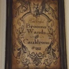 a sign on the wall that says brooms, wands and cauldons are safe