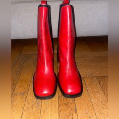 Brand New Red Asos Boots, Never Worn. True To Size Trendy Red Heeled Boots With Block Heel, Trendy Red Block Heel Boots, Spring Boots With Red Sole, Medium Width, Red Round Toe Work Boots, Red Round Toe Workwear Boots, Red Round Toe Boots For Work, Fall Boots With Red Sole And Almond Toe, Red Stacked Heel Boots For Winter, Red Boots With Reinforced Heel For Work