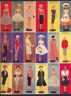 an advertisement for barbie dolls from the 1950's, featuring dresses and hats in various styles