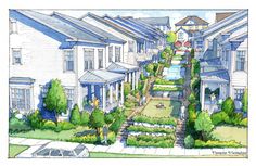 this is an artist's rendering of a garden in front of some houses that are on the street