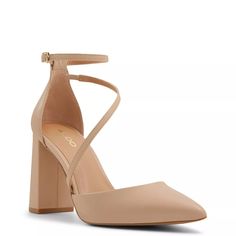 Top off your ensemble with the gorgeous women's Aldo Milley bone (beige) high heel dress pumps. Made of leather upper, these pointed toe dressy pumps have asymmetrical vamp strap with elastic gore, adjustable buckle strap closure, polyurethane/polyester lining, rubber outsole, and block heel. | Aldo Women's Milley Pump in Bone Size 6 Medium Cute Party Shoes, Fall Heel, Bridesmaid Dress Shoes, Beige High Heels, High Heel Dress, Classy Shoes, Work Clothing, Bridesmaid Shoes, Nude Pumps