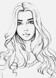 a black and white drawing of a girl with long hair