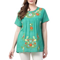 Raj Salena Embroidered Blouse From the sea to the shore and all the places in between. This blouse resonates in a season that's full of swelter. Top it over shorts and skirt for impeccable chic and ease. Green Embroidered Blouse With Relaxed Fit, Green Blouse With Floral Embroidery And Relaxed Fit, Green Embroidered Relaxed Fit Blouse, Summer Embroidered Short Sleeve Top With Relaxed Fit, Summer Embroidered Hem Short Sleeve Tops, Green Embroidered Hem Blouse For Spring, Embroidered Hem Top For Summer Vacation, Embroidered Summer Blouse For Vacation, Spring Green Blouse With Embroidered Hem