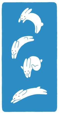 three white rabbits floating in the air on top of a blue sign with an image of two