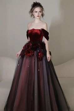 Prom Dresses Vampire, Red Rose Gown, Black Dress With Red Accents, Red Dresses Ball Gown, Gothic Ball Dress, Gothic Wedding Dress Red, Black And Red Dress Formal Ball Gowns, Black Dress Fantasy Gowns, Red And Black Dress Aesthetic