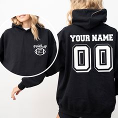 Custom Football Hoodie,  Football Mom Hoodie, Soccer Mom Gifts, Cute Football Mom Clothing,  Football Mom Hoodie with Name and Number 👉HOW TO ORDER👈 1️⃣  Choose your T-shirt color 2️⃣  Choose your T-Shirt size 3️⃣  Choose your design & text color 4️⃣ Need more Items? Add the current item in the cart. And If you like to add more items to your order please press the back button and repeat steps 1-3 again. 5️⃣Once all your desired items are in your cart you may complete your order by entering you Fall Sports Event Hoodie With Double-lined Hood, Team-colored Hooded Sweatshirt For Game Day, Sports Fan Hoodie With Double-lined Hood, Fan Gear Hoodie, Game Day Fan Apparel Hoodie With Drawstring, Game Day Hoodie With Drawstring Hood, Hooded Tops For Game Day In Winter, Hooded Winter Tops For Game Day, Game Day Fan Apparel Hoodie With Long Sleeves