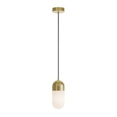 a brass colored light fixture with a white glass shade