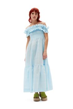 Off-shoulder Smocked Dress With Ruffles For Summer, Off-shoulder Smocked Dress With Ruffles, Summer Ruffle Dress In Lightweight Fabric, Cottage Dresses, 2024 Runway, Ice Dresses, Jeans Boots, Ice Water, Blue Maxi