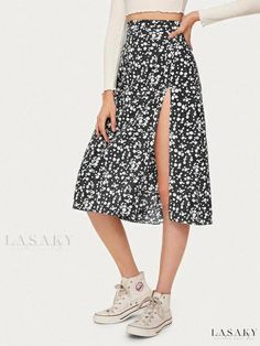 Lasaky - Chic and Trendy Split Hem Daisy Print Midi Skirt Casual Non-stretch Split Skirt, Non-stretch Split Skirt In Casual Style, Trendy Knee-length Flowy Skirt, Chic Non-stretch Split Skirt, Trendy Black Split Bottoms, Black Midi Skirt For Brunch, Casual Split Skirt For Spring, Trendy High-waisted Skirt For Brunch, Trendy High Waist Skirt For Brunch