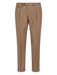 Briglia 1949 slim trousers in brown virgin wool, belt loops, zip and button closure, central pin tucks, two back flap pockets, turn-up hem. Tailored Brown Business Bottoms, Classic Flat Front Bottoms With Belt Loops, Classic Bottoms With Belt Loops And Flat Front, Tailored Brown Bottoms For Business, Brown Flat Front Dress Pants For Work, Classic Wool Dress Pants With Belt Loops, Brown Trousers With Pressed Crease, Brown Semi-formal Dress Pants, Classic Business Pants With Belt Loops