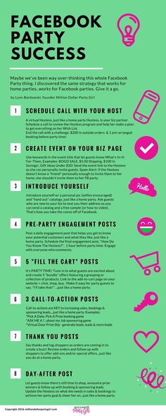 Save this Facebook Party infographic for a simple-to-follow 8 step formula to holding successful Facebook Parties. You'll want to share this one with your team! Norwex Party, Younique Party, Thirty One Party, Scentsy Party, Party Plan, Mary Kay Business, Facebook Party, Perfectly Posh, Pure Romance