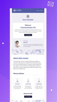 Indigo image background with images of an enrollment confirmation email, with sections featuring course information. Confirmation Email Template, Confirmation Page, Design Course