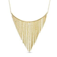 Update your dressy attire with this sensational bib necklace. Created in warm 10K gold, this stylish look features a curved bar adorned with shimmering tapered lengths of diamond-cut bead chain. Buffed to a brilliant luster, this design suspends centered along a 16.0-inch bead chain with 2.0-inch extender that secures with a spring-ring clasp. Tapered Fringe, Gold Bib Necklace, Dressy Attire, Geek Jewelry, Curved Bar, Pearl Jewelry Necklace, Fringe Necklace, Bib Necklaces, Bead Chain