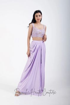 Lavender Color Dhoti with Hand-embroidered Crop Top – Panache Haute Couture Floral Embroidered Saree Sets For Evening, Purple Silk Sets For Reception, Purple Palazzo Set With Floral Embroidery For Wedding, Purple Floral Embroidery Palazzo Set For Wedding, Wedding Purple Palazzo Set With Floral Embroidery, Purple Silk Pre-draped Saree For Party, Purple Silk Pre-draped Saree For Reception, Lavender Sets With Zari Work In Traditional Drape, Purple Silk Party Sets