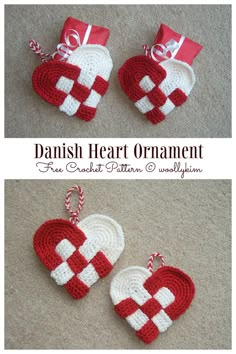 two crocheted heart ornaments are shown in red and white