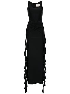 black stretch-design crepe texture concealed rear zip fastening round neck ruched detailing draped strap detailing sleeveless fitted waistline side slits long length straight hem Maxi Length Party Dress With Ruched Sides, Chic Formal Maxi Dress With Ruched Sides, Chic Ruched Maxi Dress For Formal Occasions, Black Sleeveless Maxi Dress With Ruched Back, Evening Midi Dress With Ruched Back, Party Maxi Dress With Ruched Sides, Elegant Sleeveless Maxi Dress With Ruched Sides, Maxi Length Dress With Ruched Back, Black Ruched Maxi Dress In Elastane