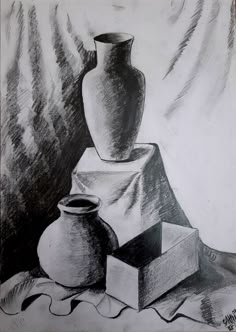 a black and white drawing of a vase sitting on top of a block of paper