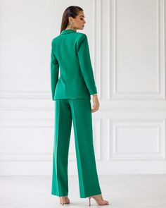 Green Double Breasted Suit 3-Piece – ELAGIA Green Double Breasted Suit, Sweetheart Top, Double Breasted Suit, Fabric Cotton, Suits For Women, Double Breasted, Wide Leg Pants, 3 Piece, Classic Style